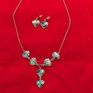 Silver & Abalone Color Hanging Heart Pendant with Earring Set